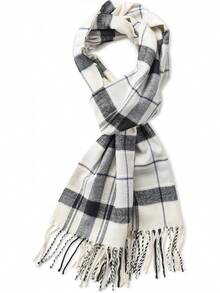 Soft Luxurious Classic Cashmere Feel Winter Scarf With Box, Cozy Warm Scarf - White Black Plaid Gift - View 4
