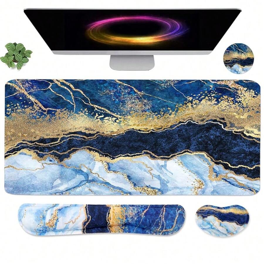 Large Keyboard Mouse Pad Set, Extended Mouse Pad+Keyboard Wrist Rest Support, Memory Foam Ergonomic Easy Typing, 4Pcs (35.4*15.9 In) Desk Pad Set For Home Office Study Game - Colorful-671326 - BlueGoldMarble - View 1