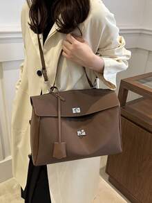 1 件纯色绒面革手提包，大容量单肩包带锁，时尚通勤包适合旅行、购物、约会、女士礼物，适合少女、大学生和白领，非常适合办公室、学校、工作、商务、通勤、户外、旅行、野餐 - 咖啡棕 - 查看 4