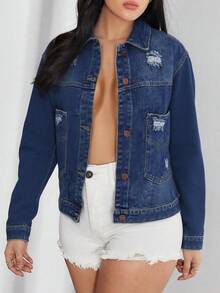 Chamarra mezclilla mujer rota desgastada destruida dama femenina casual dia noche fiesta trabajo oficina juvenil moderna sexy surprise jeans - Azul - Ver 1
