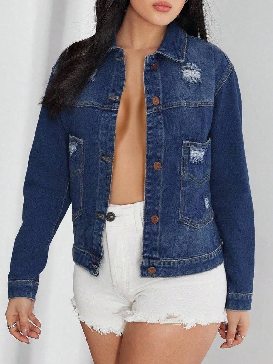 Chamarra mezclilla mujer rota desgastada destruida dama femenina casual dia noche fiesta trabajo oficina juvenil moderna sexy surprise jeans - Azul - Ver 1