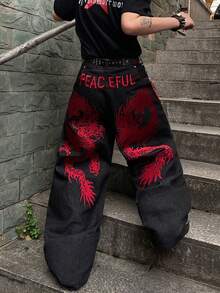 1件复古美式风格男士刺绣阔腿牛仔裤，个性化口袋，宽松休闲牛仔裤（不含腰带和配饰） - 黑色 - 查看 6