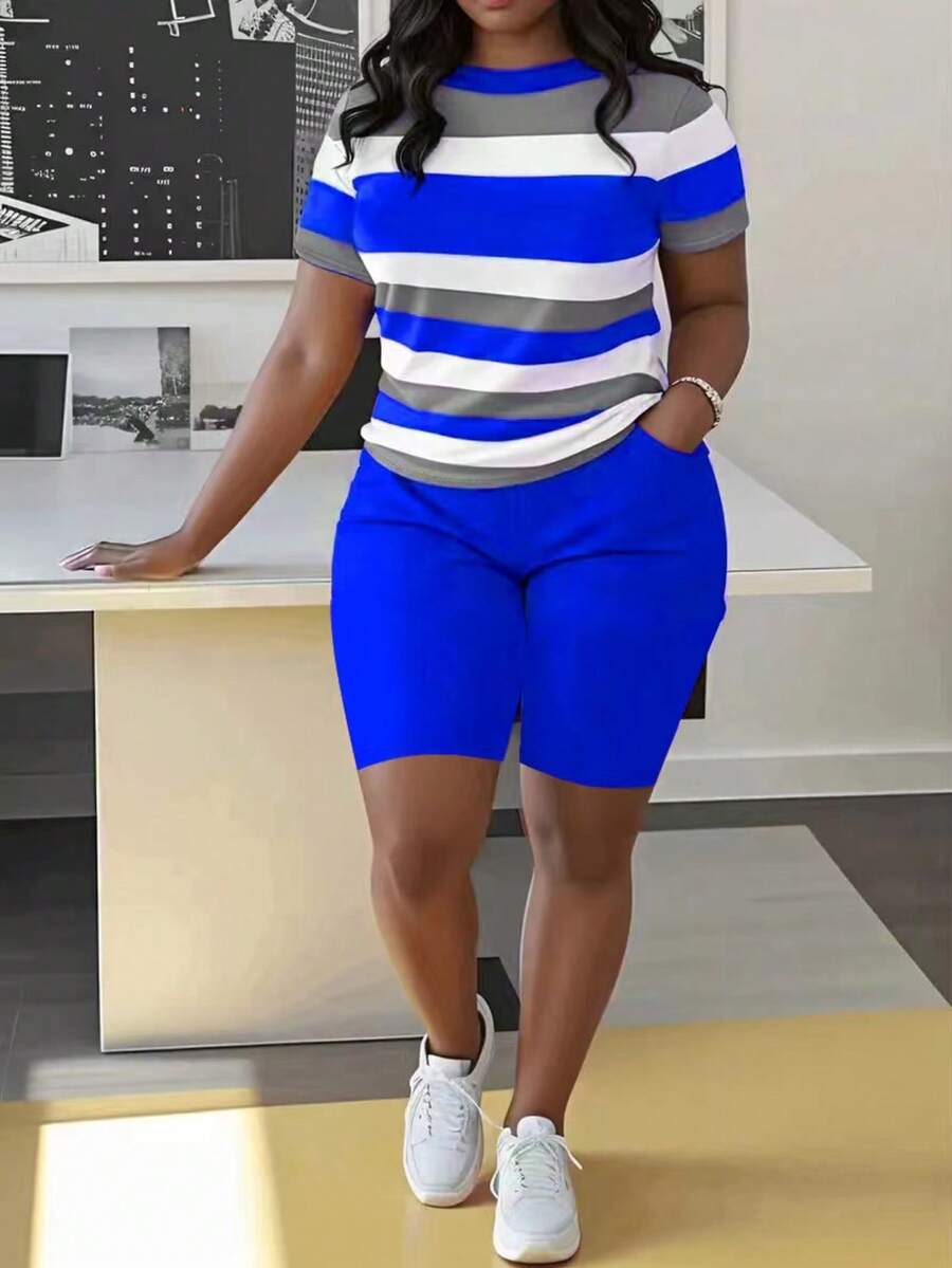 Plus Size Women's Fashion Two-Piece Suit, Round Neck Short-Sleeved Top And Shorts Set, Striped Print Short-Sleeved Shorts Two-Piece Suit - Màu xanh lam - Xem 1