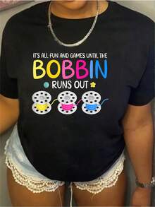100% Cotton It's All Fun And Games Until The Bobbin Runs Out T-Shirt Women's Men's Black Streetwear Graphic Tee Vacation T-Shirt Dress Summer - 黑色 - 查看 1