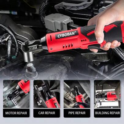 Herramienta eléctrica CYBOBAN, Llave de trinquete de 12V, se puede usar manual o eléctricamente, compatible con batería de 2.0Ah, luz LED, accesorios de cabezal de 3/8, 1/4 y 2/8, ángulo recto de 90 grados, cargador de carga rápida de 1.3A, adecuado para trabajos en espacios pequeños como automóviles, neumáticos y hogares. También está equipado con una nueva hebilla de cinturón de seguridad a partir de 2025. ¡Es asequible!