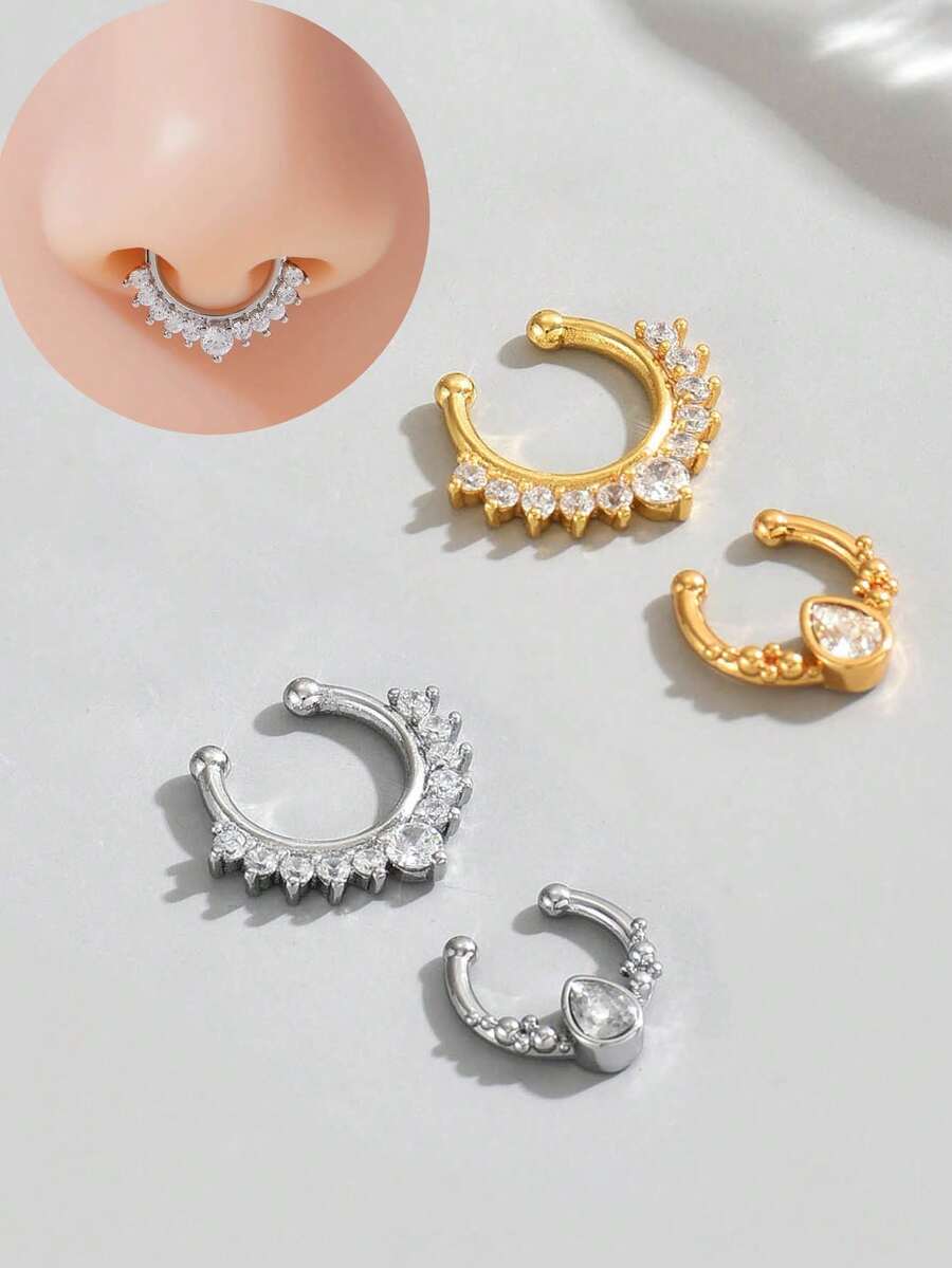 2 chiếc/1 chiếc Nhẫn mũi giả hình giọt nước đính đá Cubic Zirconia mạ vàng và bạc 18K, kẹp mũi không xỏ khuyên, trang sức xỏ khuyên giả cho cơ thể phù hợp cho nam, nữ, cặp đôi để hẹn hò và đeo hàng ngày