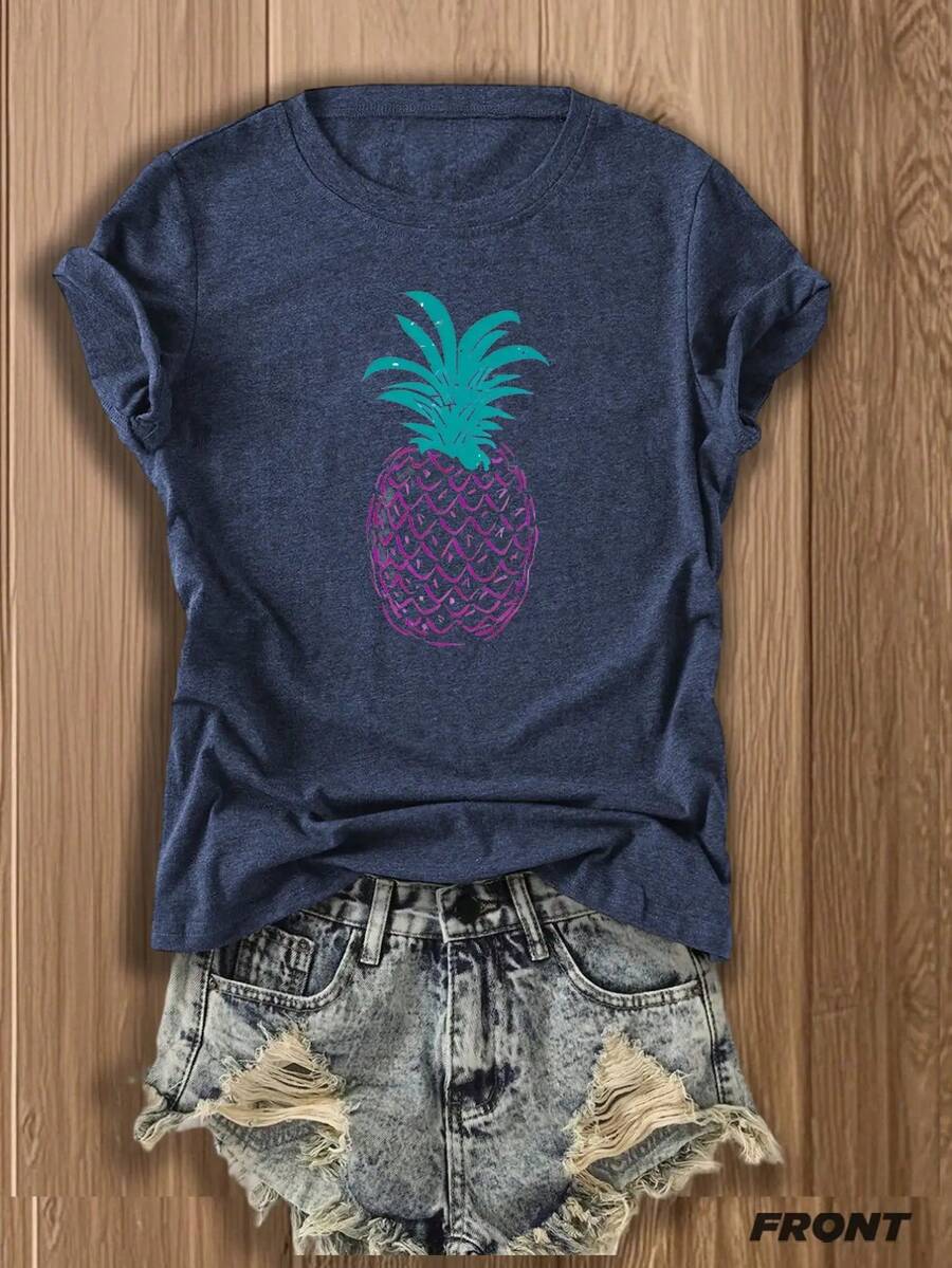 1PC, Women'S Pink T-Shirt With Pineapple Graphic - Soft Blend, Short Sleeve, Round Neck, Casual Summer Top, Perfect For Beach Or Vacation Outfits, Casual Summer Top |   Pineapple Graphic Tee |   Blend FabricS-XXL - 藏蓝色 - 查看 1