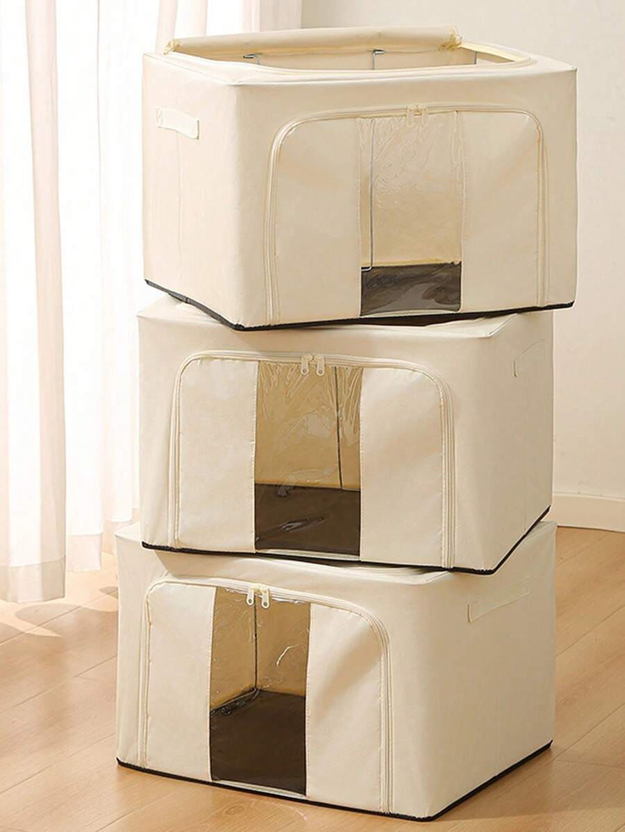 1 pieza Caja de almacenamiento de tela Oxford con gran capacidad, solución de organización impermeable y plegable para el hogar y dormitorios, armarios y armarios, adecuada para ropa, ropa de cama, toallas, juguetes y accesorios, bin de tela duradera y móvil para almacenamiento estacional, liviana y portátil pero resistente, material de Oxford transpirable, diseño apilable de fácil acceso, aspecto moderno y limpio - Beis - Ver 1