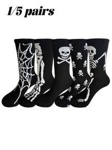 1/5 pares de meias masculinas com estampa de caveira e aranha, meias casuais criativas e confortáveis, adequadas para uso diário, Halloween, festas e outono - Preto e Branco - Ver 1