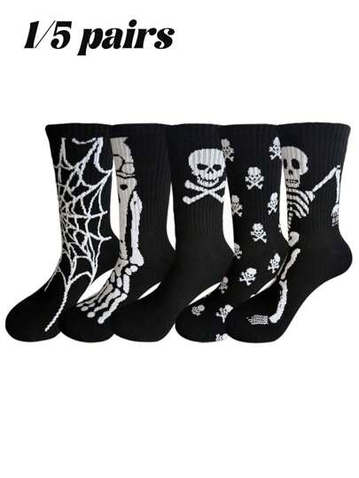 1/5 paires de chaussettes mi-mollet pour hommes avec motif crâne et araignée, chaussettes confortables et créatives pour un port casual, convenant pour le port quotidien, Halloween, les fêtes, l'automne