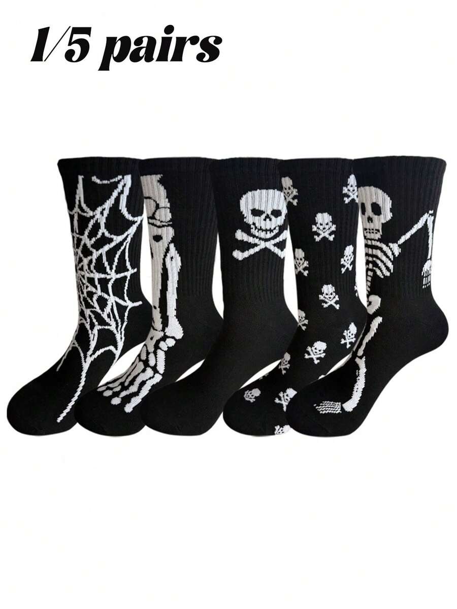 1/5 pares de meias masculinas com estampa de caveira e aranha, meias casuais criativas e confortáveis, adequadas para uso diário, Halloween, festas e outono - Preto e Branco - Ver 1