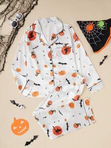 Halloween Pumpkin & Bat Print Pocket Front Button Long Sleeve Top & Pants Pajama Set For Women, Fall Winter Clothes - White - View 1