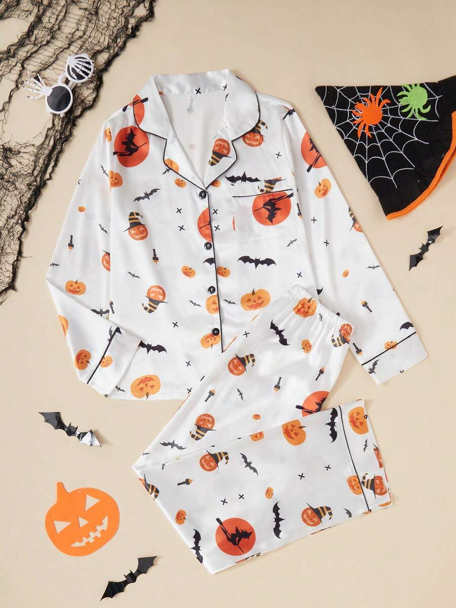 Halloween Pumpkin & Bat Print Pocket Front Button Long Sleeve Top & Pants Pajama Set For Women, Fall Winter Clothes - White - View 1
