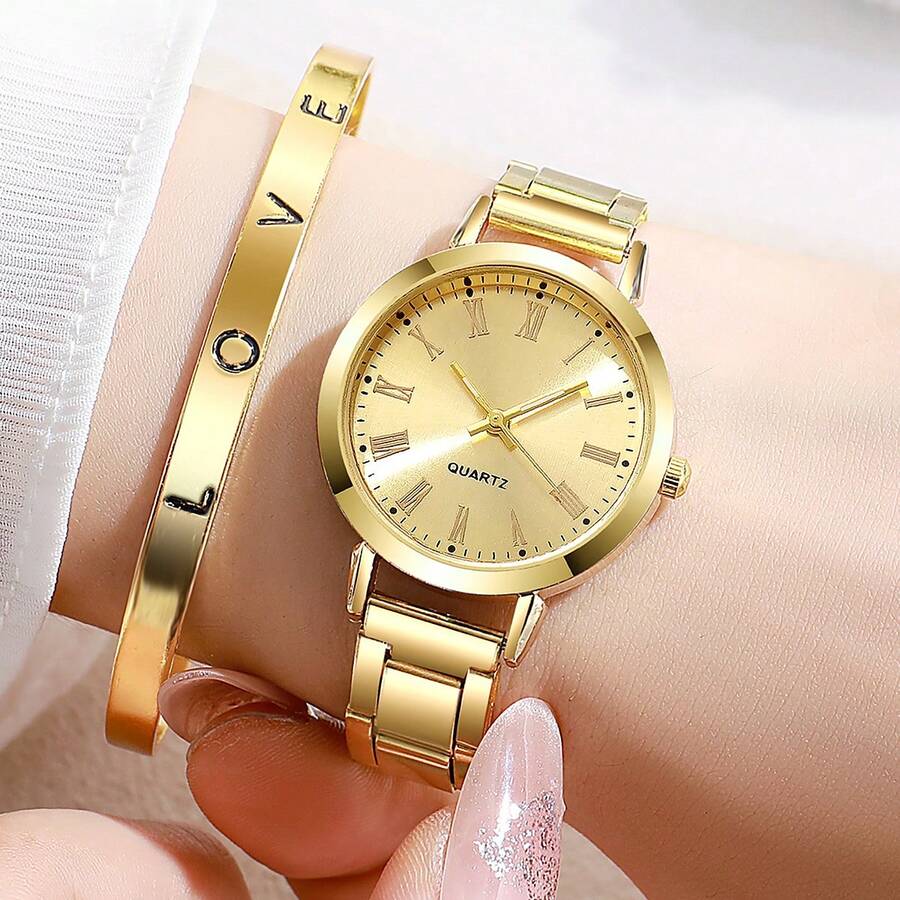 2 件套奢华金色女士手表女士手链不锈钢 LOVE 手链女士礼物 - 金色 - 查看 1