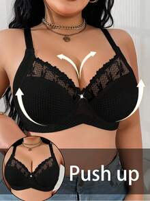 大码女式刺绣拼接时尚聚拢文胸，带钢圈，提升 - 黑色 - 查看 2