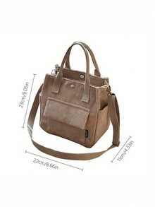 原创灯芯绒多口袋手提包/单肩包，简约多功能学生午餐包，大容量，拉链封口，休闲手提包，复古灯芯绒单肩包，大容量手提包，简约多功能学生背包，午餐包 - 彩色 - 查看 3