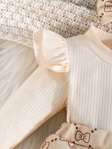 Baby Girls' Ribbed Ruffle Hem Bow Decor Bodysuit, Cute Infant Bodysuit With Socks And Headband Set - Apricot - View 4