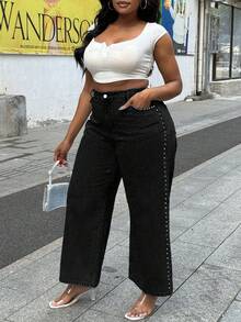 Plus Size Women Loose Straight Leg Jeans With Rivets - Black - View 2
