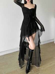 高级亮丽纯色修身高腰时尚方领长袖网纱连衣裙，不对称下摆，适合派对和休闲场合。 - 黑色 - 查看 3