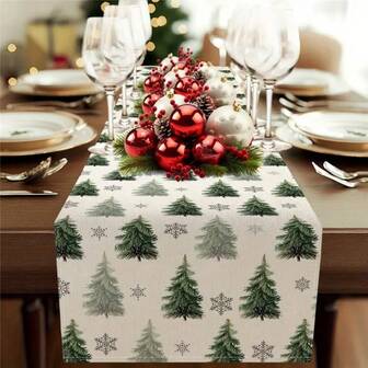 1-Piece Set Of Holiday Christmas Table Runner - Designed With Green Pine Trees And Golden Stars, Linen Winter Holiday Decoration, Suitable For Home, Kitchen, Restaurant, Dining Room, Indoor Holiday Farmhouse Decoration, Holiday Table Arrangement, Winter Christmas Theme Linen Tablecloth