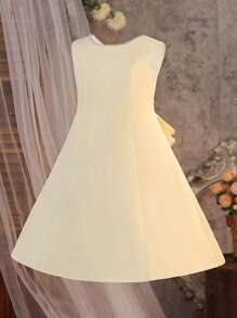 少女优雅露背大蝴蝶结婚礼派对花童礼服，时尚生日伴娘礼服，公主毕业典礼礼服，配仿珍珠 - 香檳色 - 查看 4