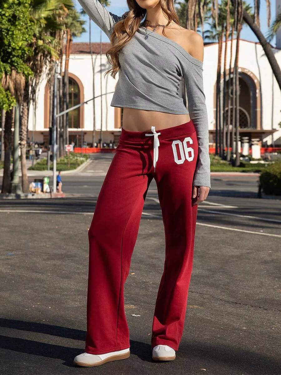 Women Y2K Number Printed Sweatpants Drawstring Elastic High Waist Straight Leg Baggy Pants Loose Workout Joggers Casul Trousers - Đỏ - Xem 1