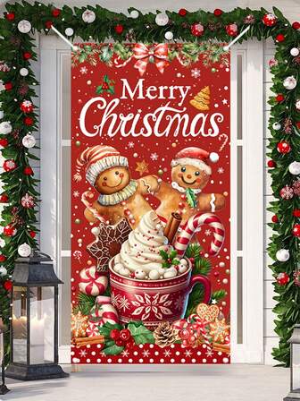 1 件节日圣诞门横幅，60x120 厘米聚酯纤维圣诞快乐背景横幅，带有姜饼人杯子图案，圣诞门装饰悬挂盖照片展位道具，适用于冬季室内外前门横幅，非常适合圣诞节装饰和新年庆祝活动，2D 平面