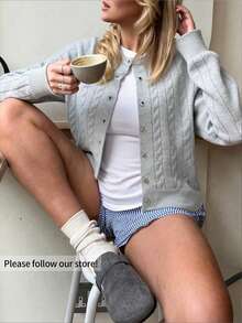 FOR BEAUTY 女士圆领扭结纽扣长袖针织开衫，女士短款宽松舒适灰色毛衣外套，春秋新品 - 灰色 - 查看 5