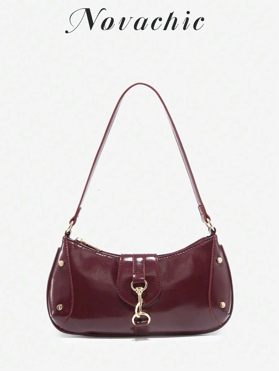 Novachic, Retro Style Shoulder Bag For Women With Rivet And Buckle Decor, Small Capacity Lightweight Underarm Bag, Suitable For Women, Students And Office Workers Commuting, Casual Use - Burgundy - View 1
