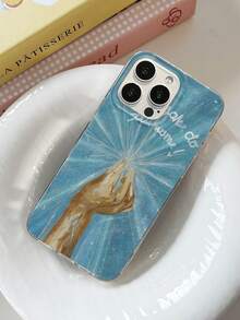 1pc Blue Radiating Light Oil Painting Hand Gesture Phone Case, Artistic English Handwritten Font Creative Illustration Full Coverage Protective Shell Compatible With IPhone17/17Pro/17ProMax/16/16Plus/16ProMax/16e/15ProMax/11/12/12Pro/12ProMax/13/13Pro/13ProMax/14/14Pro/14ProMax - Transparent Fireworks - View 3