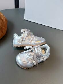 1 Pair Girls' Bow PU Hook And Loop Design Flat Cute Sneakers, Suitable For Spring And Autumn - Silver - View 4