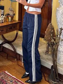 Striped Track Sweatpants For Women Y2K Elastic Waist Wide Leg Vintage Cute Parachute Pants - 藏蓝色 - 查看 5