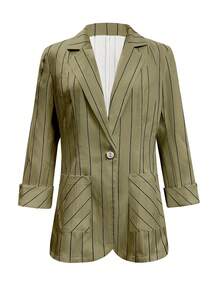 女式休闲条纹单扣七分袖西装外套，春夏 - 軍綠色 - 查看 3