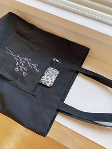1 chiếc túi tote đeo vai cỡ lớn in họa tiết hoa màu hồng, túi mua sắm/ba lô in hình thực vật, túi xách vải bố, túi đi chợ, túi dự tiệc, túi quà tặng đám cưới/sinh nhật, túi tote thủ công, quà tặng dự tiệc, túi xách nữ, túi vải bố. - màu đen - Xem 3