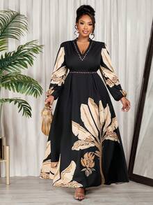 BIUBIU 大码女士优雅度假连衣裙，随机花卉图案，春季款 - 黑杏色 - 查看 5