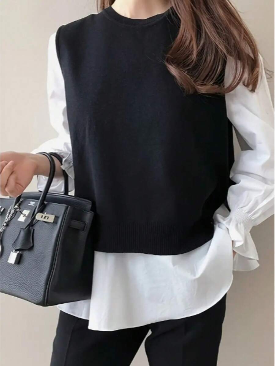 Women's Tops, Korean/Japanese Style, Plus Size, Fall/Winter Hot Item, Two-Piece Set With Knit Vest And Long Sleeve Shirt - Layered Outfit For Every Season - 黑色 - 查看 1
