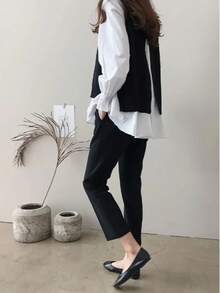 Women's Tops, Korean/Japanese Style, Plus Size, Fall/Winter Hot Item, Two-Piece Set With Knit Vest And Long Sleeve Shirt - Layered Outfit For Every Season - 黑色 - 查看 5