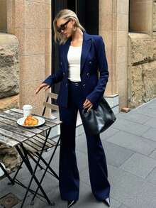 Zalla Blazer And Palazzo Pants Set With Lining And Decorative Button - Navy Blue - View 4