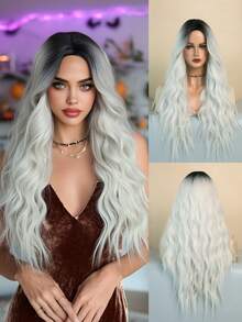 24 Inch Long Wavy Ombre Silvery White Wig For Women Heat Resistant Fiber Middle Part Hairpiece With Dark Roots,Natural Synthetic Full Machine Hair Wigs For Daily Music Festival Party Wear, Cosplay Halloween & Street Photography Use - 銀色 - 查看 2