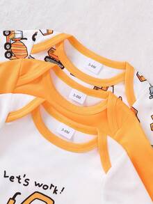 3pcs Baby Boy Long Sleeve Bodysuit, Excavator & Car Pattern Design, Casual Cute Infant Bodysuit, Spring/Autumn, Regular Fit, Suitable For Daily & Outdoor Wear