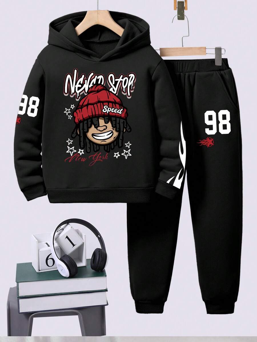 男童卡通印花保暖连帽衫和运动裤套装 - 黑色 - 查看 1