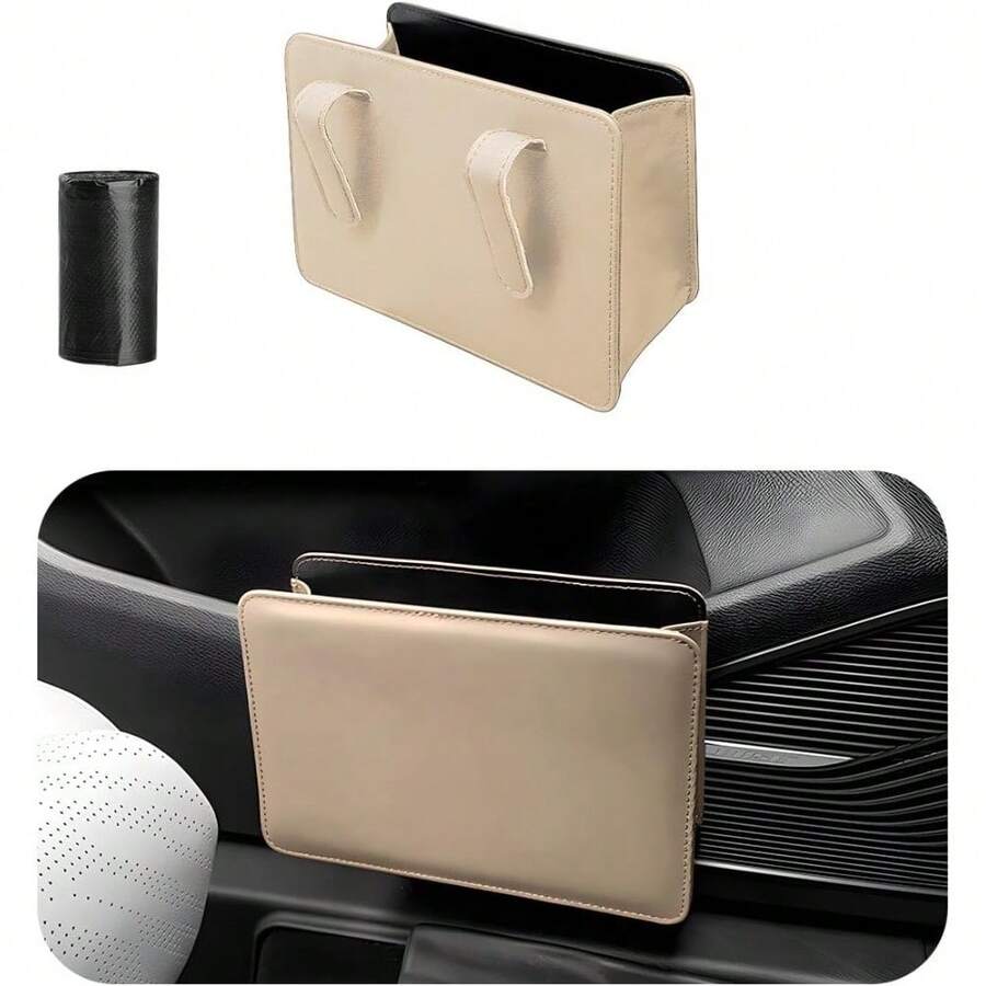 Car Trash Can, Foldable Waterproof Leather Car Garbage Organizer Holder, Automotive Mini Dustbin Container With One Roll Trash Bag, Universal Interior Car Accessories (Beige) - 米色 - 查看 1