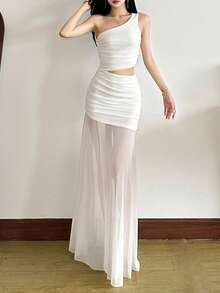 Top Dazzle 纯色修身时尚单肩不对称无袖连衣裙 - 白色 - 查看 1