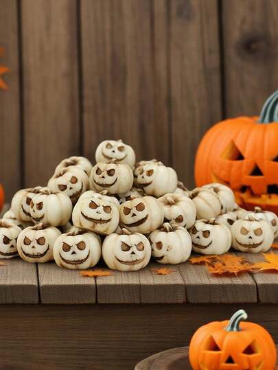 Artificial Miniature Resin Pumpkin Figurine ,Halloween Smiling Pumpkin Decoration Autumn Pumpkin Handicrafts, Halloween Smiling Ghost Pumpkin Figurines, Creative Simulation Pumpkin Statue Props, Home Yard Bonsai Accessories Garden Miniature Sculpture, Resin White Miniature Pumpkins,