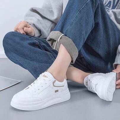 [Calzado deportivo cómodo] Zapatos deportivos de plataforma transpirables para mujer en beige/blanco, zapatos casuales de caña baja con cordones, equipados con plantillas de amortiguación EVA y suelas de goma duraderas, con parte superior de PU, adecuados para caminar al aire libre, paseos urbanos y atuendos casuales.