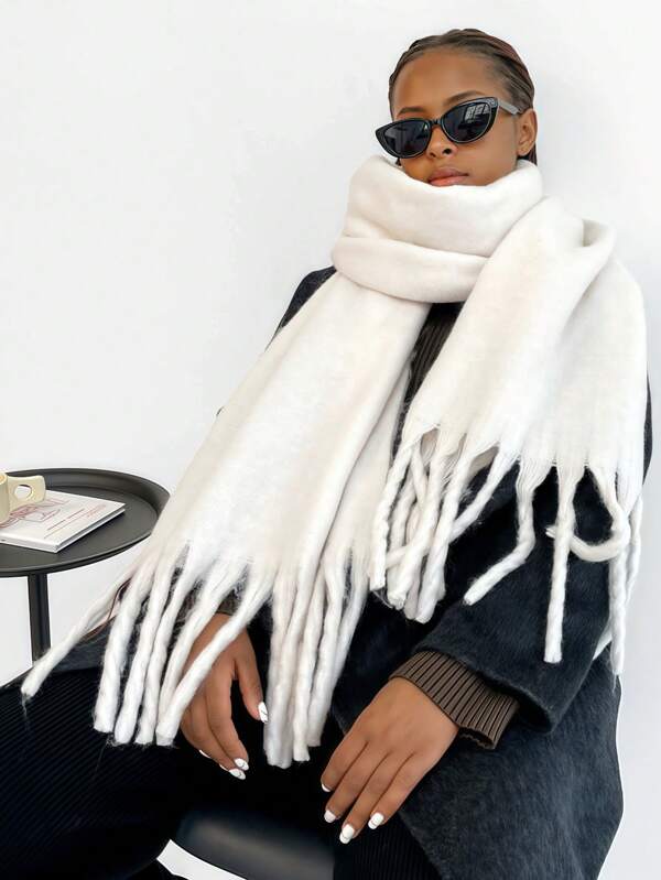 1pc Women Solid Color Casual Thick Fringed Cashmere Scarf, Warm Shawl Neck Warmer, Suitable For Autumn/Winter