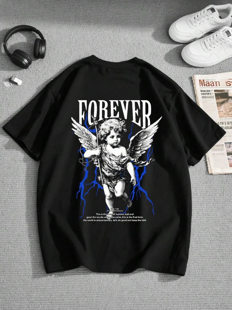 Camiseta de manga corta y cuello redondo con estampado de ángel de la guarda para chicos adolescentes, ropa de uso versátil para diario - Negro - Ver 1