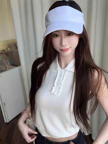 复古风格 Polo 领无袖针织上衣，时尚修身背心 - 白色 - 查看 2