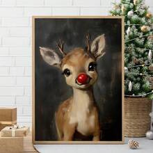 1pc Christmas Rudolph Painting Reindeer Print, Whimsical Deer Christmas, Red Nose Christmas Wall Art, Atmospheric Vintage Rudolph Poster, Rustic Artwork, Canvas Wall Art, Posters For Room, Home Decor, Room Decor Aesthetic, Room Decoration Stuff. Optional Frame Christmas Decorations - Multicolor - View 1