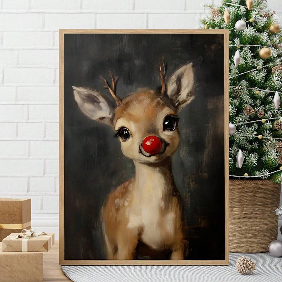 1pc Christmas Rudolph Painting Reindeer Print, Whimsical Deer Christmas, Red Nose Christmas Wall Art, Atmospheric Vintage Rudolph Poster, Rustic Artwork, Canvas Wall Art, Posters For Room, Home Decor, Room Decor Aesthetic, Room Decoration Stuff. Optional Frame Christmas Decorations - Multicolor - View 1